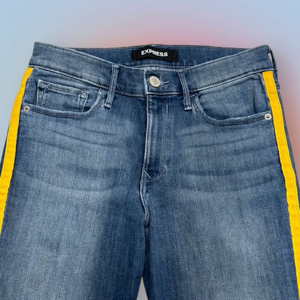 EXPRESS Women’s 4 Yellow Stripe MID RISE LEGGING Blue Jeans